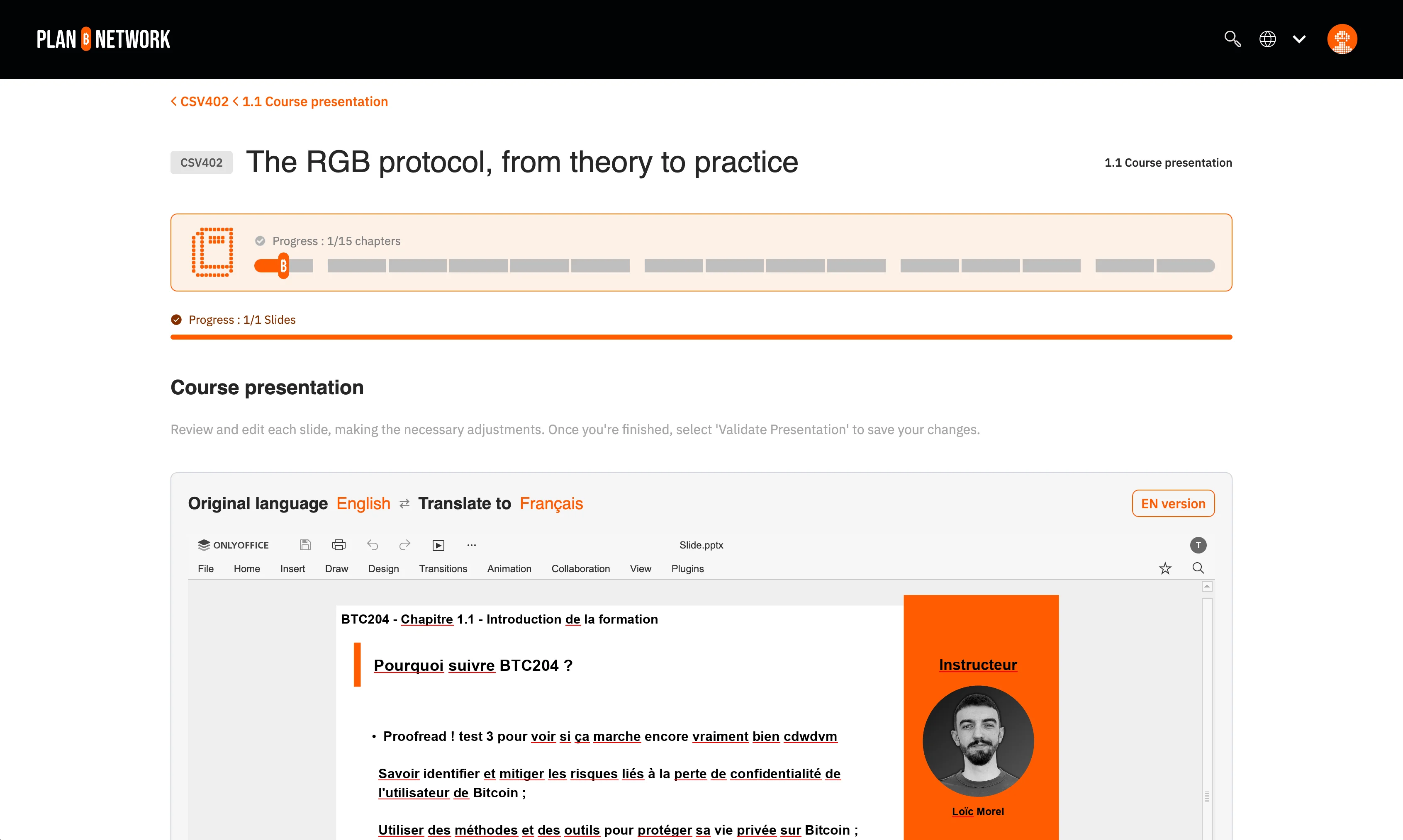 Système de navigation et traduction des diapositives
